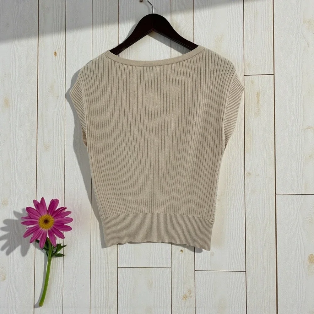Ann Taylor Factory Ribbed Boat Neck Cap Sleeve‎ Sweater Top Beige Size M